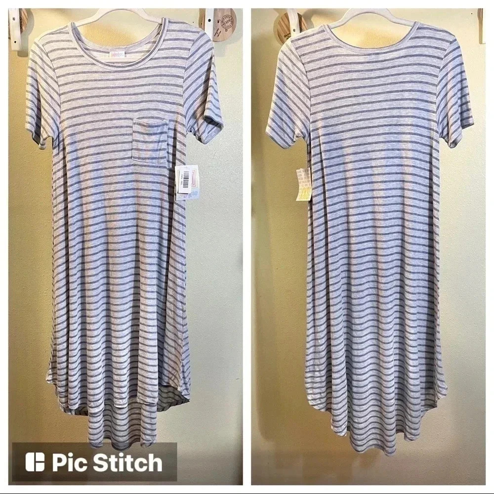 LULAROE Carly Dress Sz XXS Gray Blue Stripes Knit Loose Flowy Pocket Shirt NEW